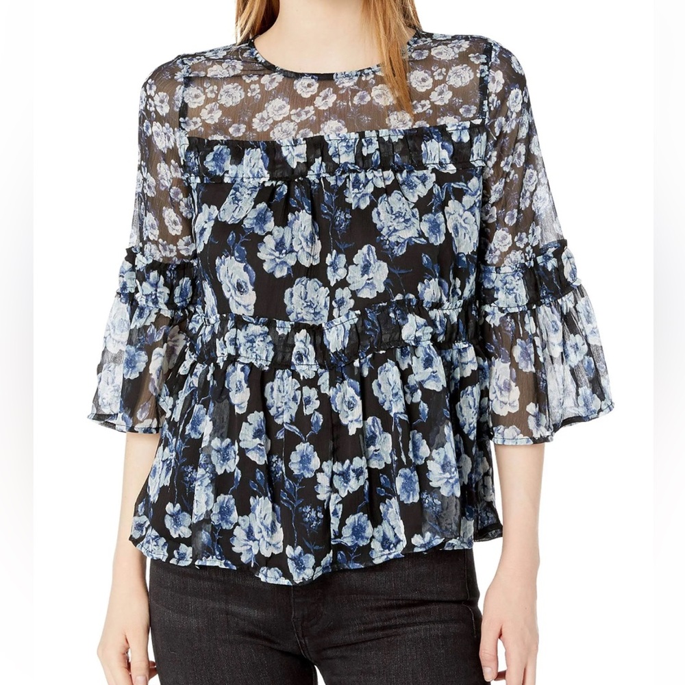 NWT lucky brand blouse floral flowy bell sleeve pullover top blue keyhole Large